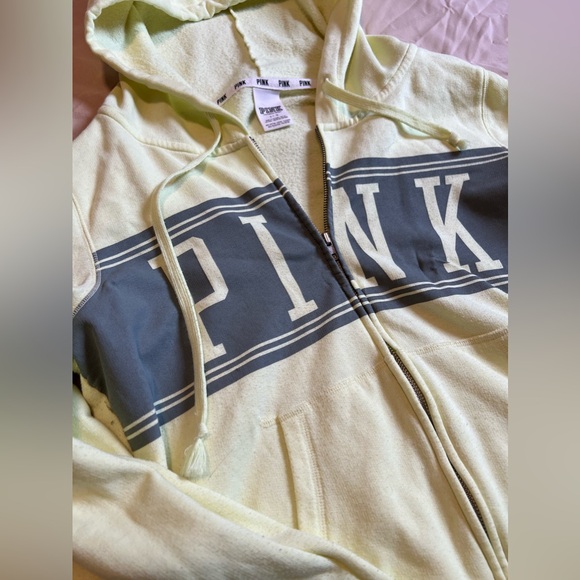 PINK Victoria Secret Womens Neon Yellow Green Full Zip Jacket Hoodie - Picture 3 of 5